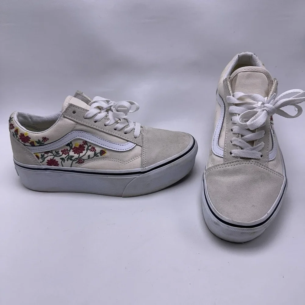 Vans Old Skool Stackform Platform‎ Shoes Floral White Womens 7 Embroidered